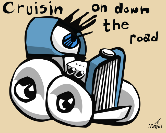 Vector graphic image by Mike Martinet of an eyeball in a cockpit of a car with white tires with the text "Cruisin on down the road"