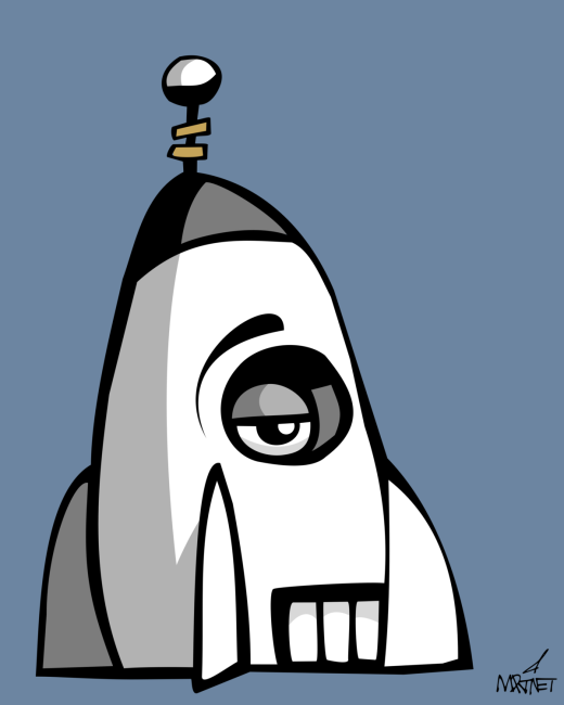 Vector graphic image by Mike Martinet of a rocket ship with an eye and teeth