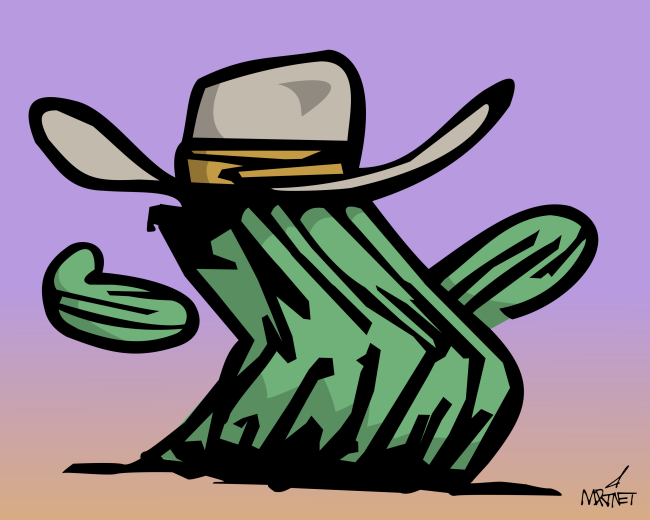 Vector graphic image by Mike Martinet of a saguaro cactus wearing a cowboy hat.  The right "arm" of the saguaro is pulled back as if to shake hands.