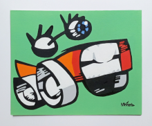 Acrylic painting by Mike Martinet of two eyeballs over a car with a red-lipped mouth