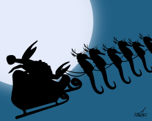 Vector Graphic image by Mike Martinet of a silhouette view of a crab in a sleigh being pulled by seahorses